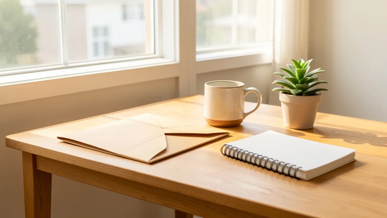 A paper folder, coffee mug, small potted plant and spiral notebook on a sunlit wooden table