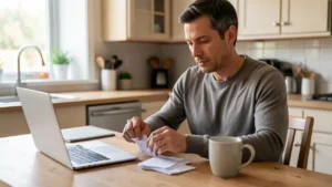 A parent at a kitchen table sorting receipts beside a laptop and a mug