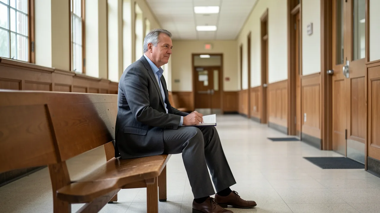 A person sitting alone on a bench in an empty courthouse corridor holding a folder