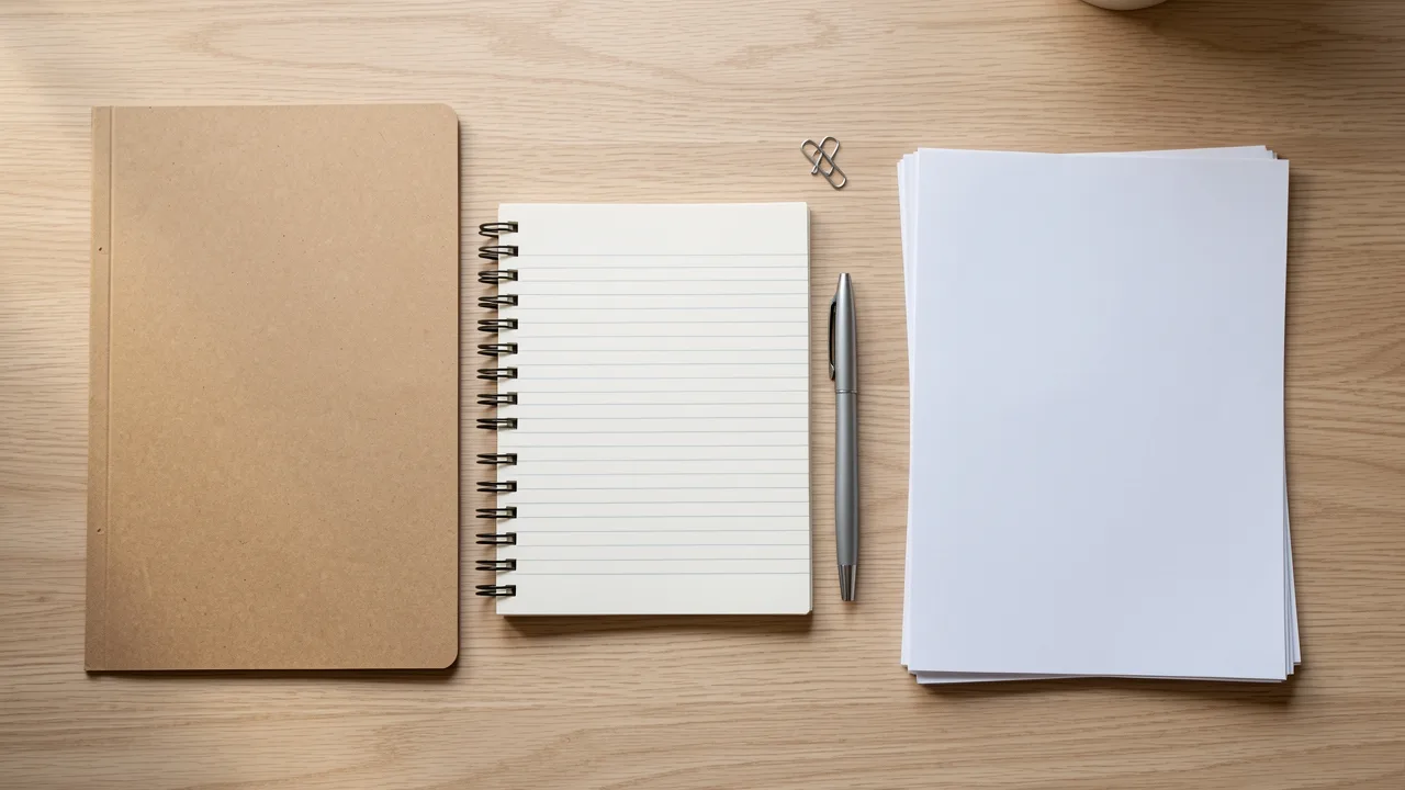 An overhead view of a manila folder, notebook, pen and printed pages on a wooden desk