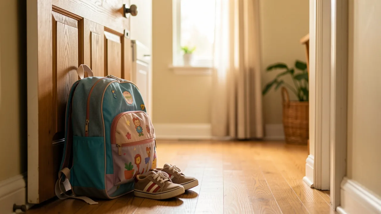 A child's backpack and shoes by the front door of a family home