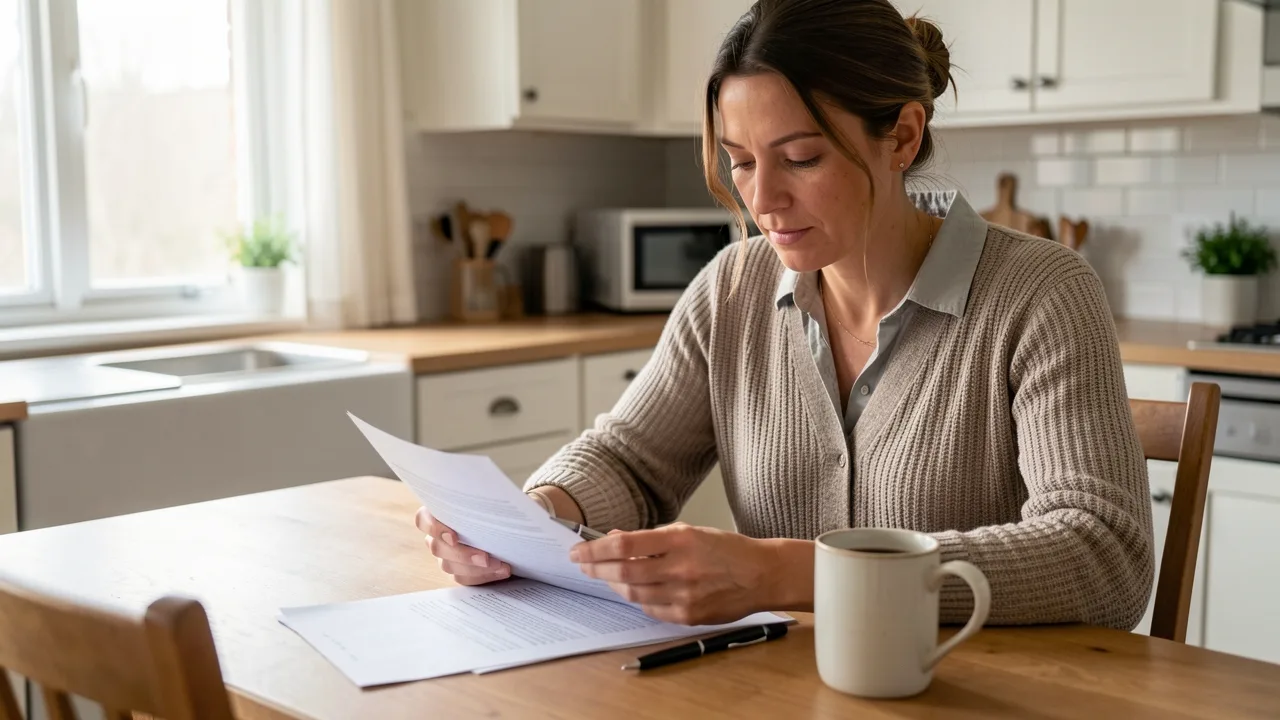 A parent reviewing court paperwork at a kitchen table in an Ohio home in morning light