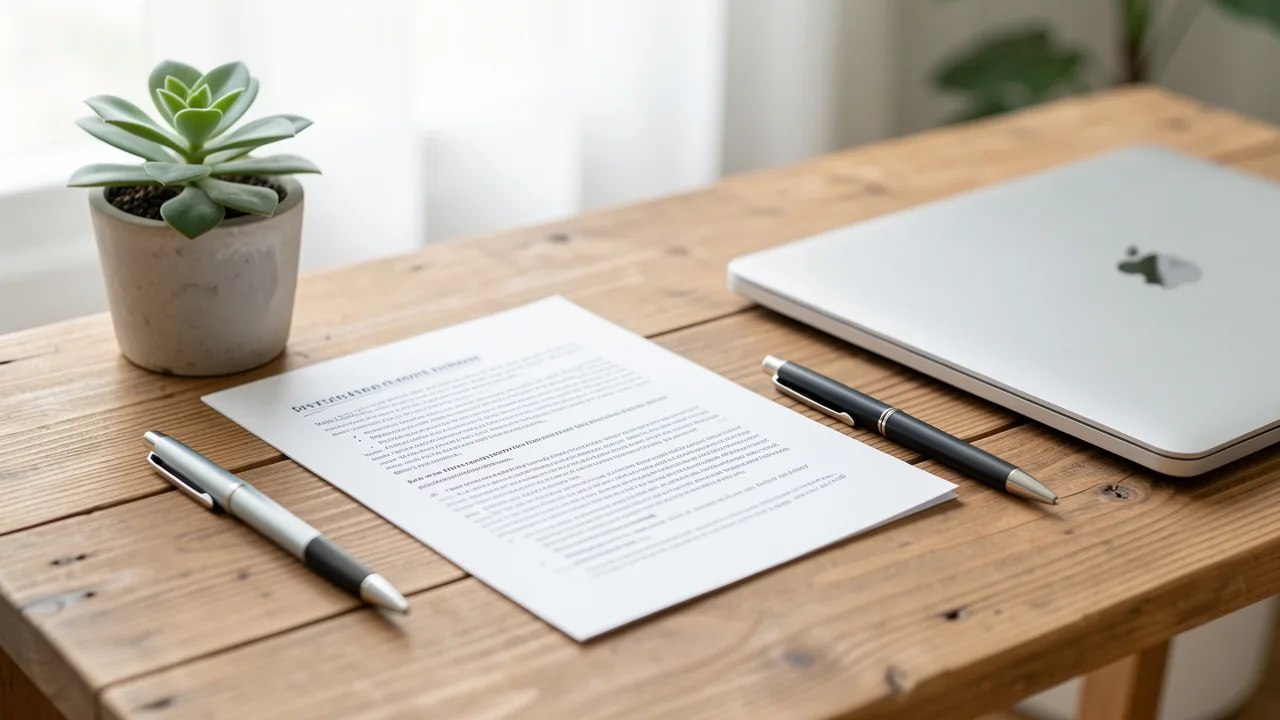 A printed multi-page document and pen on a wooden desk beside a closed laptop