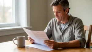 A parent reading custody paperwork at a table near a window in soft daylight