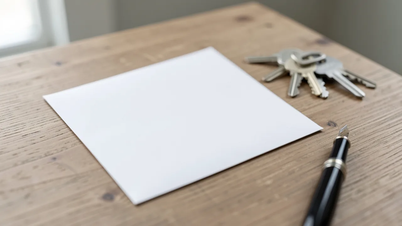 A certified mail envelope and printed form on a table beside a pen and calendar