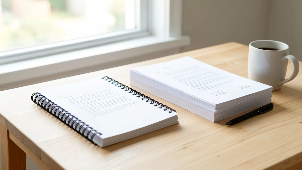 A notebook, pen and two stacks of paperwork on a sunlit wooden table beside a coffee mug
