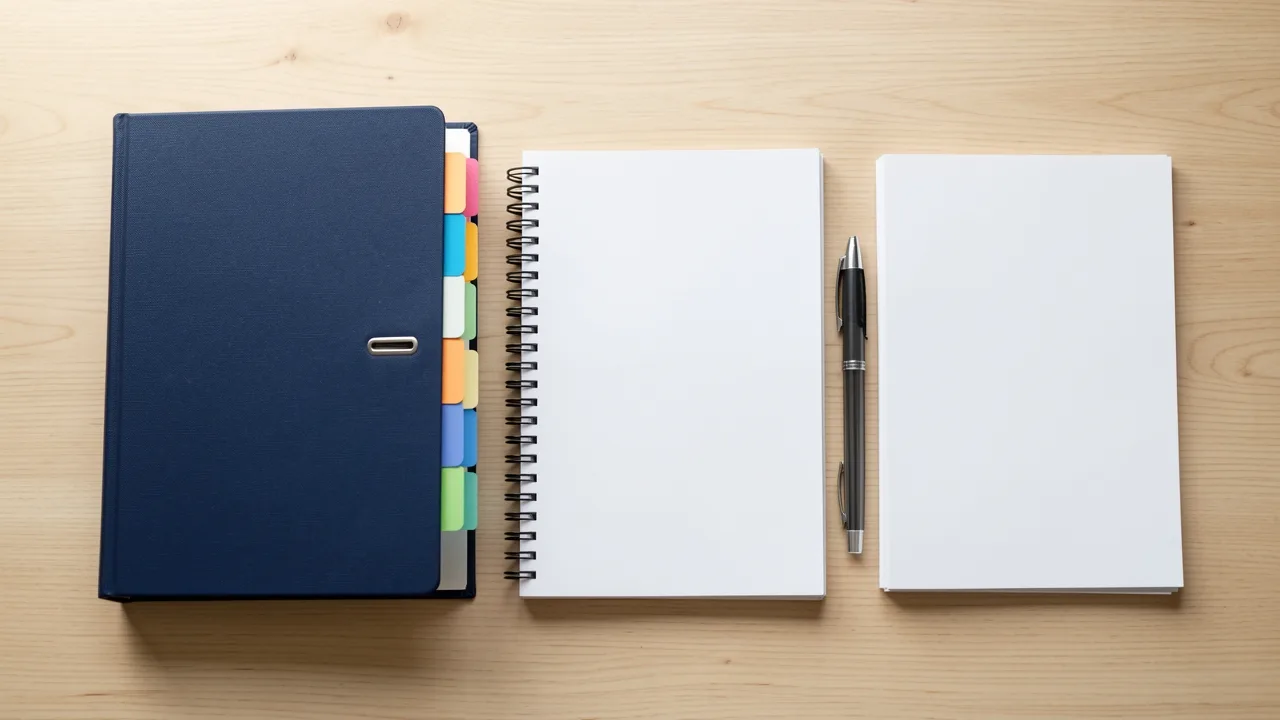 A tabbed ring binder, notebook, pen and blank paper laid out on a wooden desk