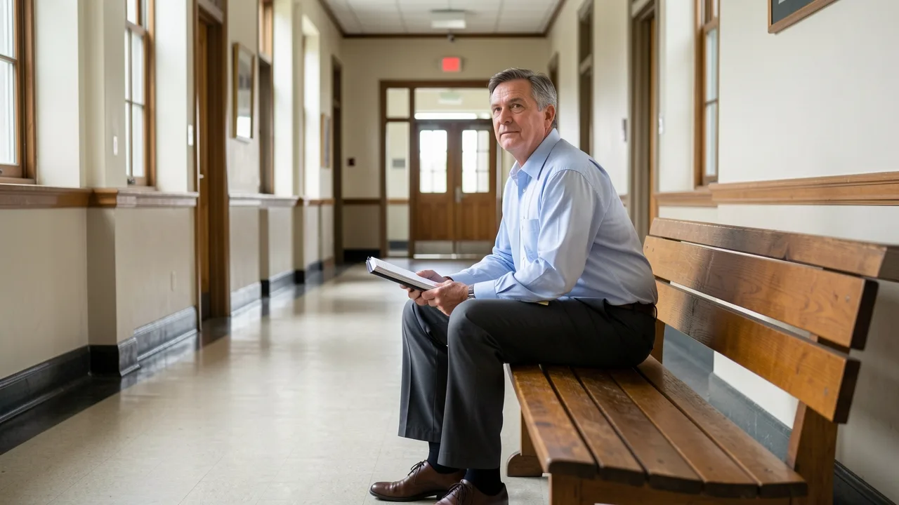 A person sitting alone on a bench in an empty courthouse corridor holding a folder