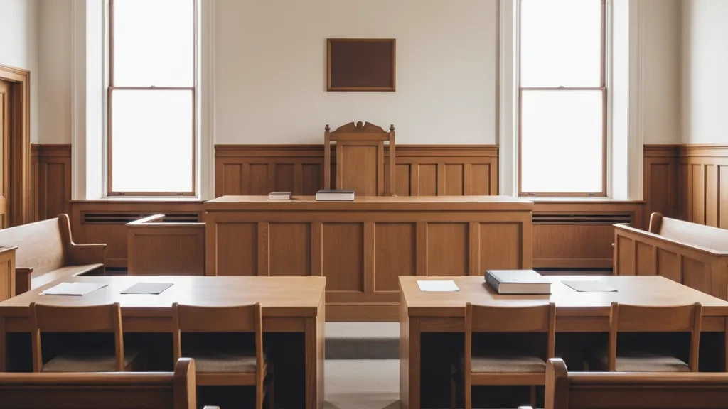 An empty courtroom with a wooden bench and counsel tables lit by daylight