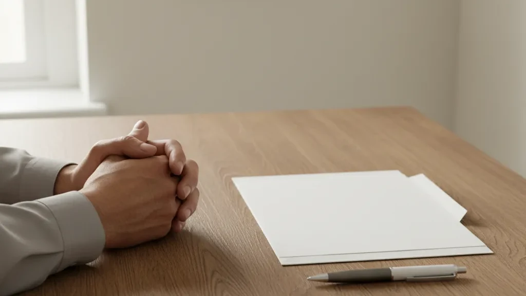 A parent's hands on a desk beside a plain folder, pen, and wall calendar