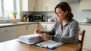 A parent at a kitchen table organizing dated court paperwork into a filing folder