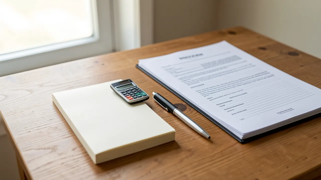 A notepad, pen and calculator on a wooden table beside a folder of documents in daylight