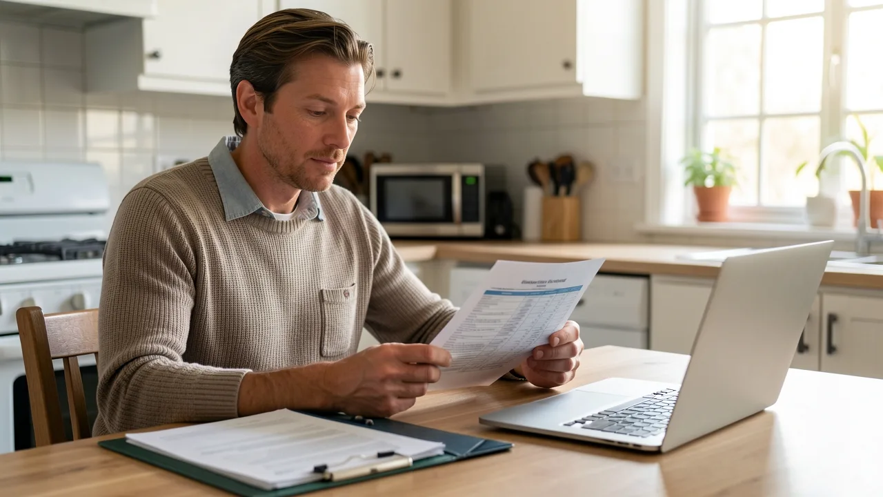 A person at a kitchen table reviewing tax forms and a divorce decree with a laptop open beside them
