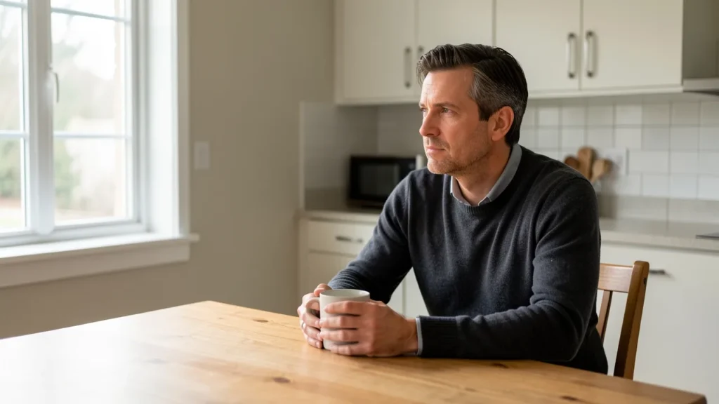 A parent sitting alone at a kitchen table in morning light, thinking through next steps