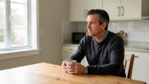 A parent sitting alone at a kitchen table in morning light, thinking through next steps