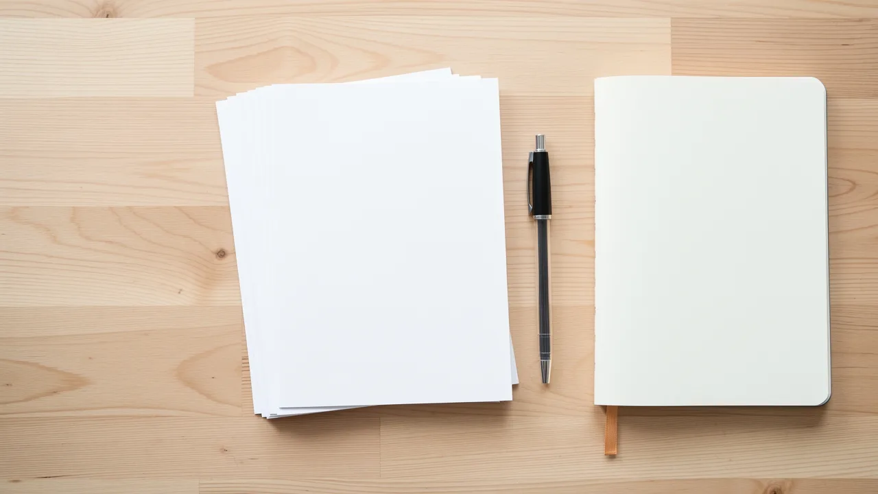 Blank printed pages and a pen laid out on a wooden desk