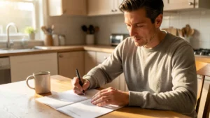 A parent at a kitchen table filling in a printed parenting plan document with a pen
