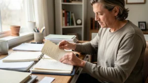 A parent at a desk in soft daylight organizing dated notes and printed records into a binder