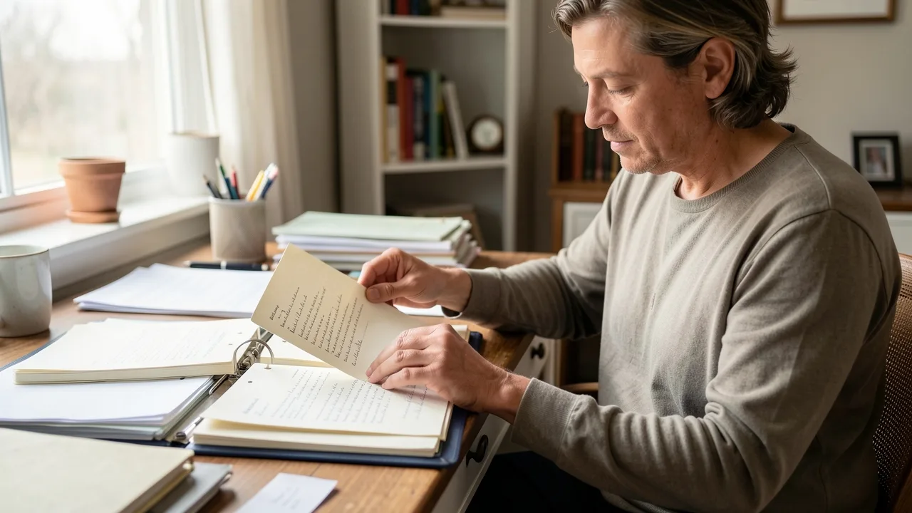 A parent at a desk in soft daylight organizing dated notes and printed records into a binder
