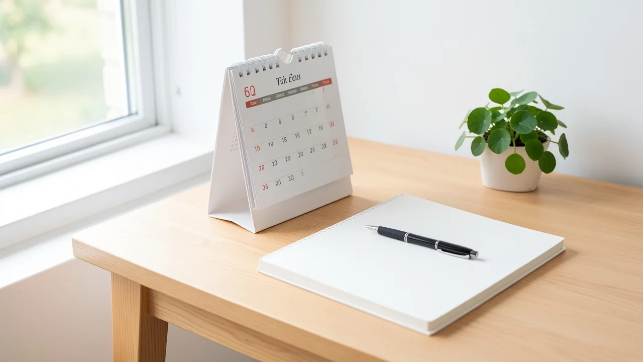 A desk calendar, notebook and pen on a sunlit wooden table beside a small potted plant