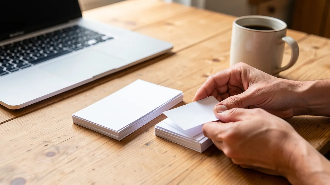 A parent's hands sorting paper receipts into two piles on a kitchen table