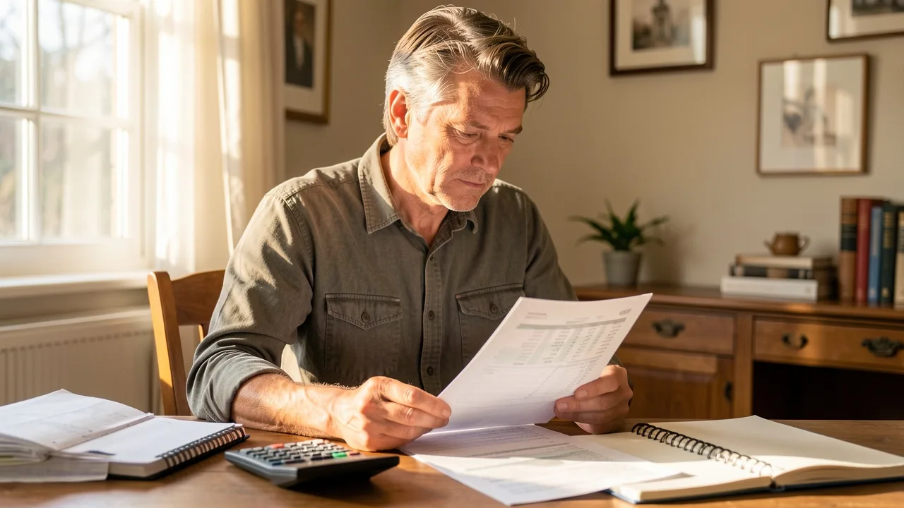 A person at a desk reviewing financial documents and a calculator while working through a divorce settlement