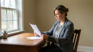 A person reviewing divorce paperwork at a desk near a window in an Indiana home