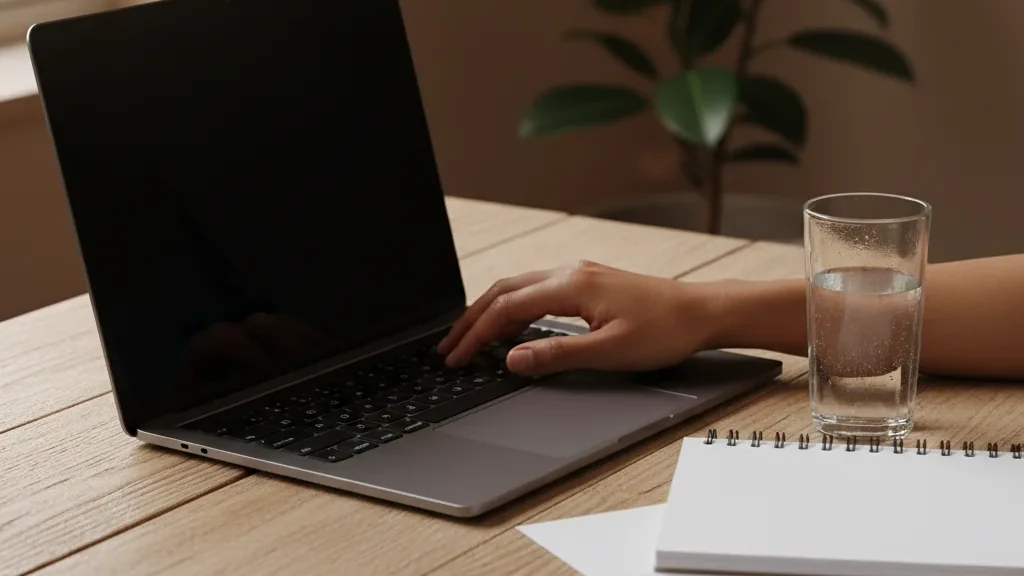 Hands using a laptop at a wooden table beside a closed notebook