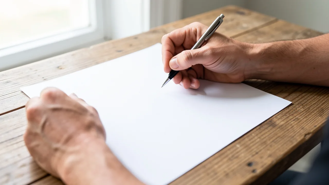 A stepfather's hands holding a pen above a school form on a wooden table