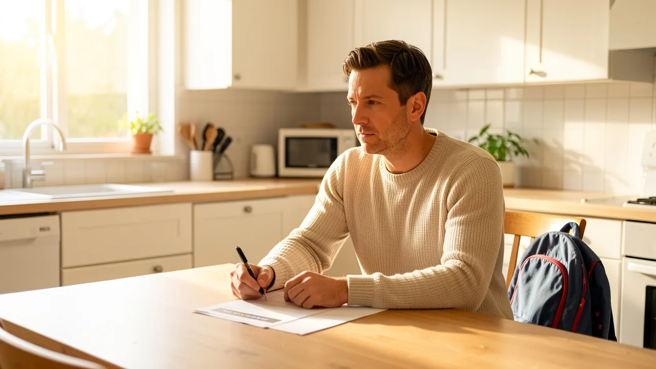 A stepfather at a kitchen table filling in a school form beside a child's backpack