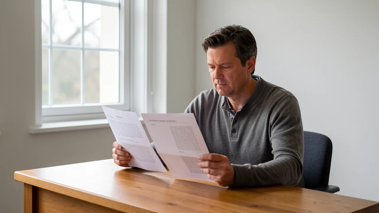 A person at a desk comparing printed documents while working through divorce options