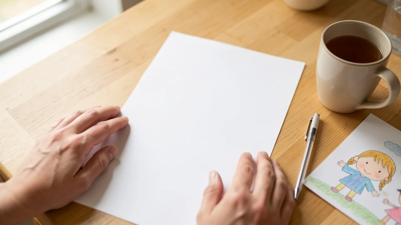 A parent's hands resting on a blank sheet of paper at a kitchen table beside a child's crayon drawing