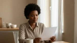 A parent reading a court form at a kitchen table in morning light