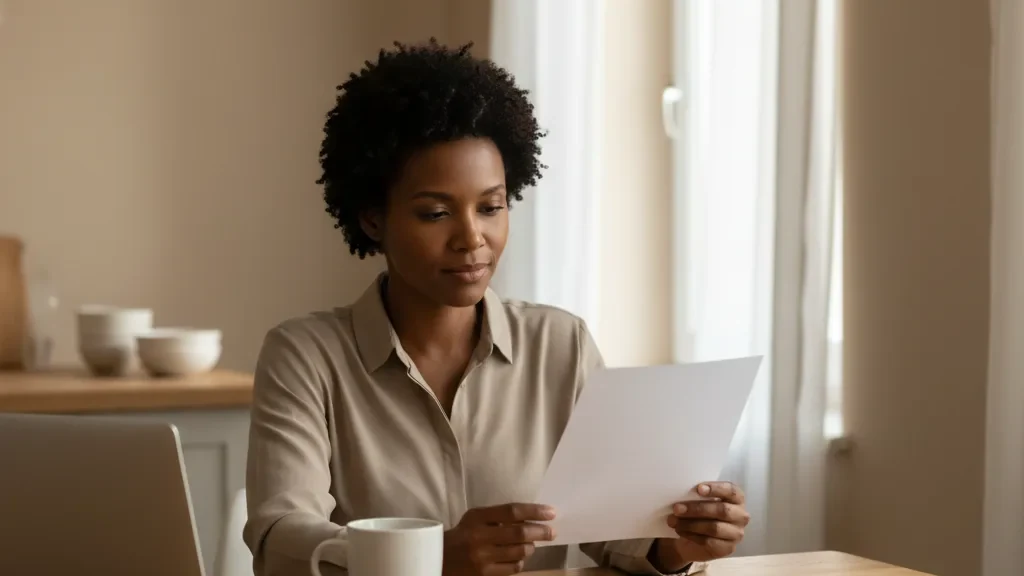 A parent reading a court form at a kitchen table in morning light