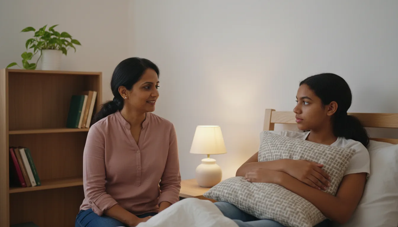 A mother sitting beside her teenage daughter's bed, the two talking quietly in lamplight