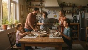 A couple and three children of different ages laughing together while setting a dinner table at home