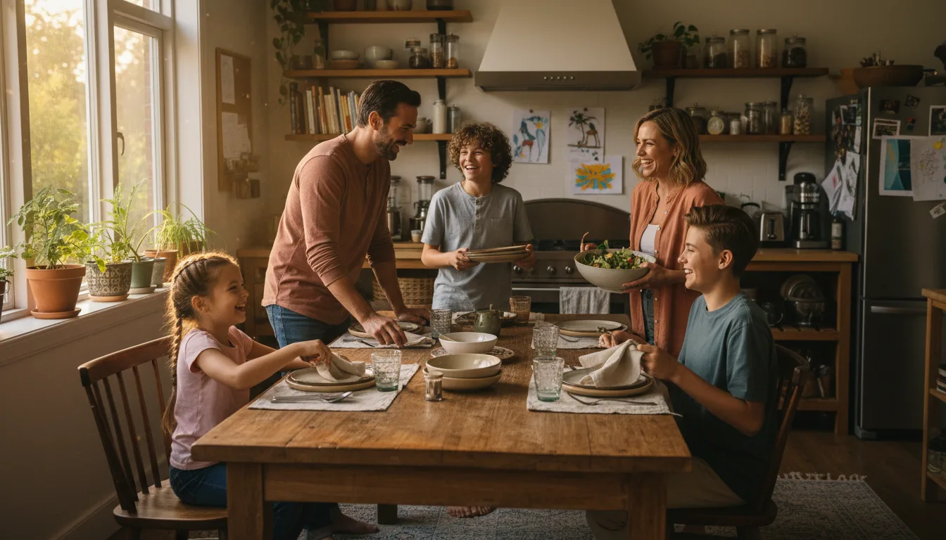 A couple and three children of different ages laughing together while setting a dinner table at home