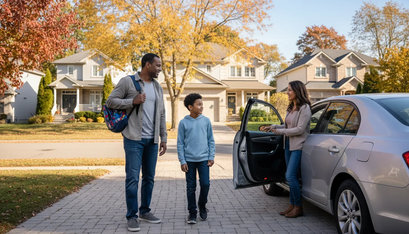 A father carrying a boy's backpack to a waiting car during a calm afternoon handoff in a driveway