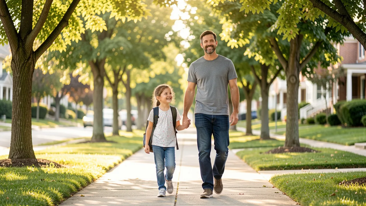 A father and his young daughter walking together along a sunny tree-lined sidewalk