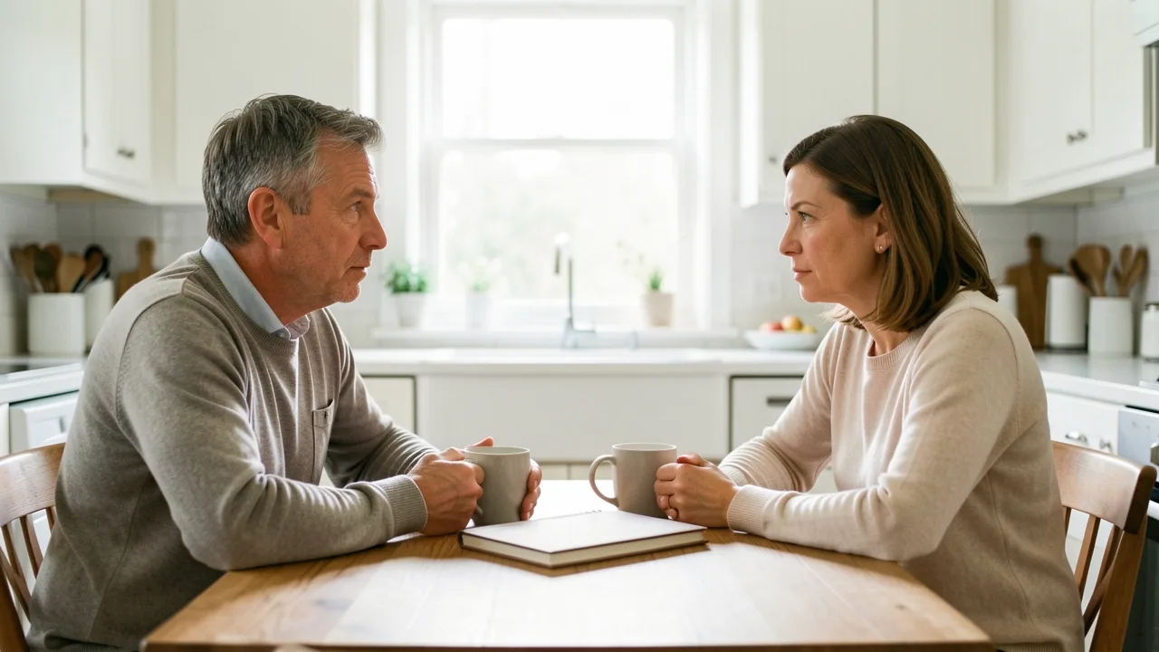 Two spouses talking calmly across a kitchen table with coffee mugs and a closed notebook between them