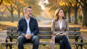 A couple sitting apart on a park bench in soft morning light, both looking thoughtful