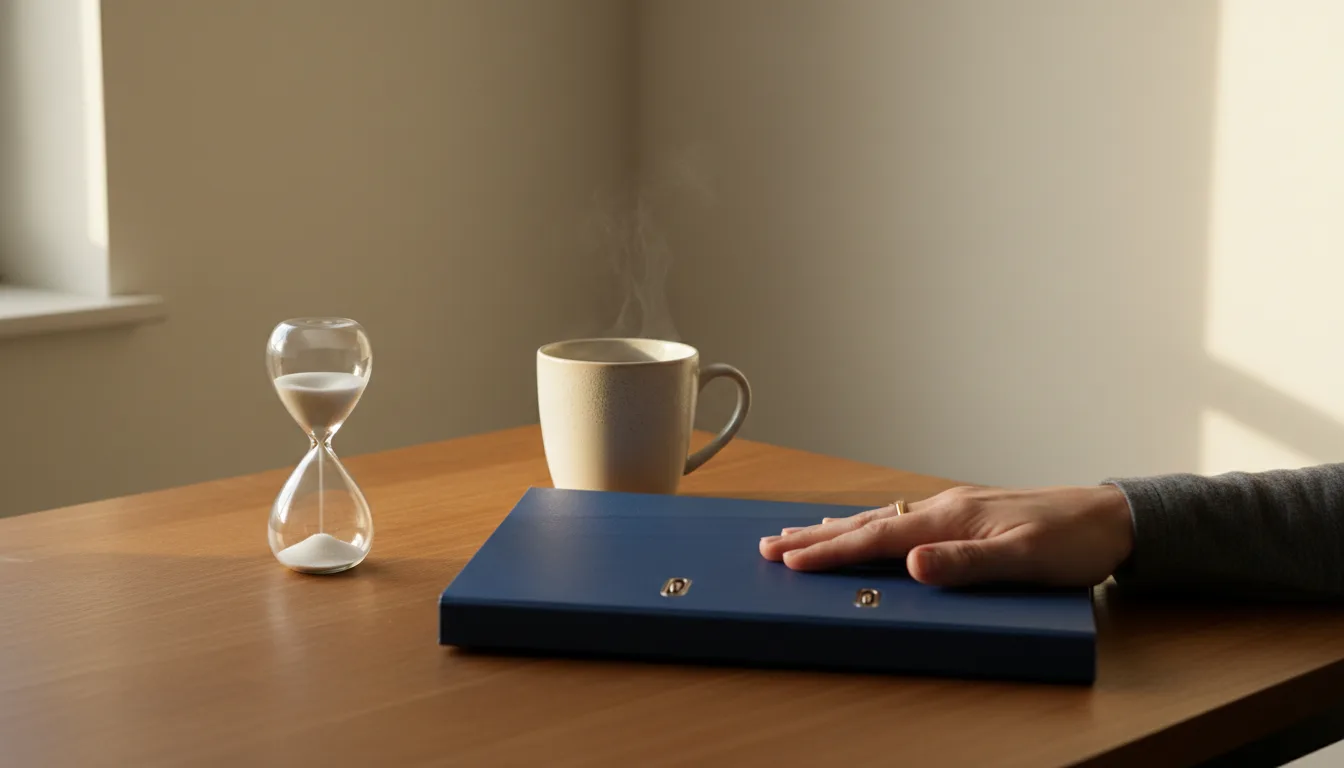 A parent's hand resting on a closed folder on a desk next to a coffee mug and an hourglass