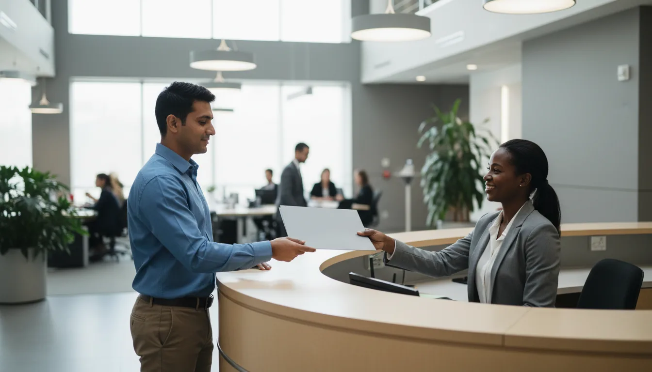 A parent handing a folder to a clerk at a service counter in a bright government office