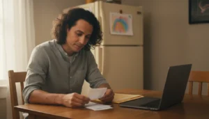 A parent at a kitchen table reviewing pay stubs and a folder of papers beside a laptop in soft morning light