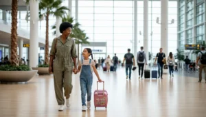 A parent and young daughter with a small rolling suitcase walking through a bright airport terminal