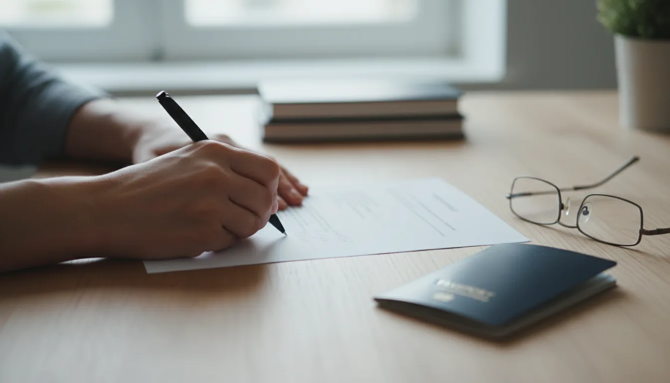 An adult's hands signing a printed letter at a wooden desk beside a passport and reading glasses