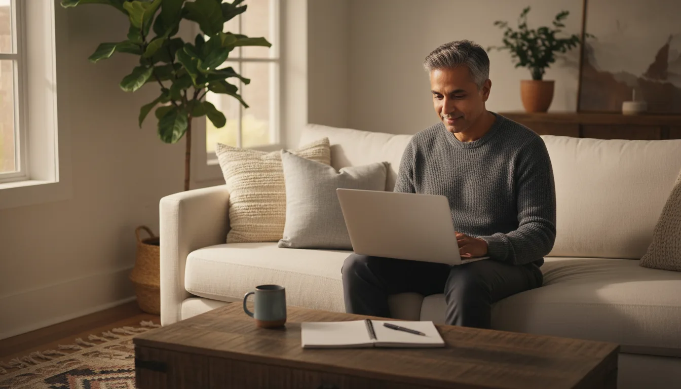 A parent on a sofa looking at a laptop with a calm expression, as if talking with a co-parent