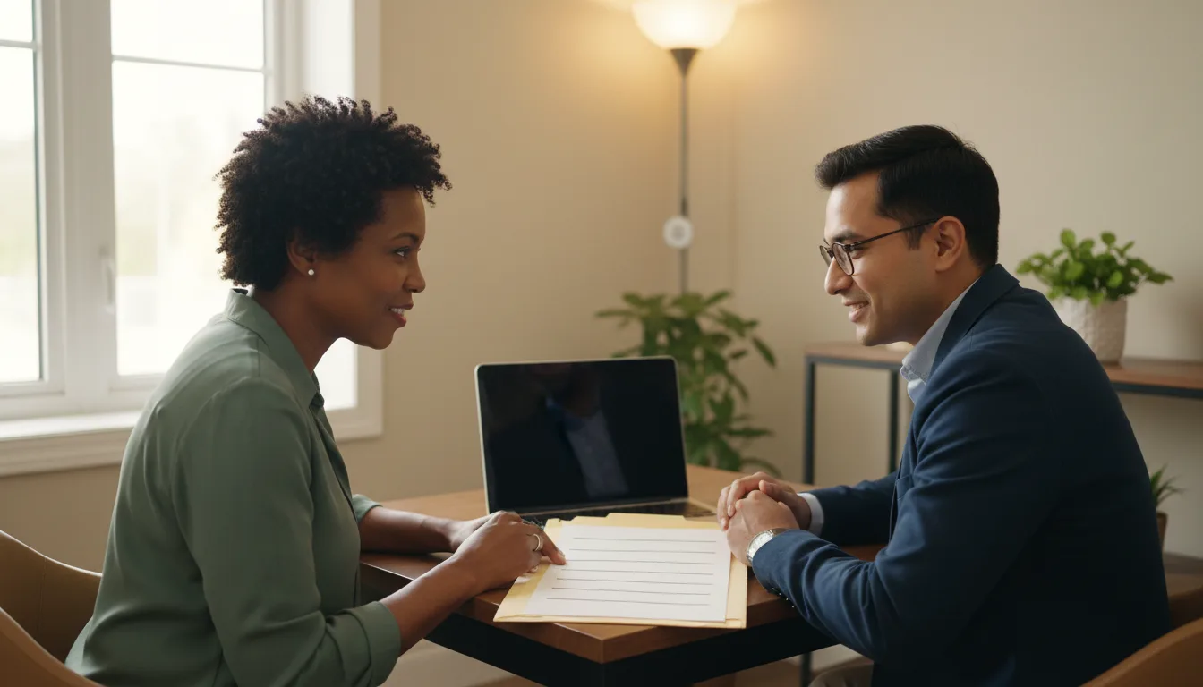 A parent meeting with a tax professional at an office desk with a laptop and a folder of papers