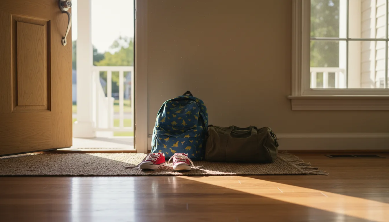 A child's backpack, duffel bag, and sneakers by the front door, ready for a move between homes