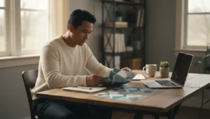 A parent at a desk comparing printed brochures and notes with a laptop open beside them